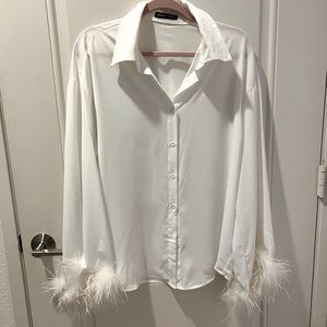 White Button Down Top with Feather Trim